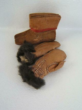 Antique Miniature Leather Boots 2 5/8 " Long & Leather Fur Gloves 2 3/4 "