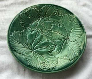 Majolica Art Pottery Plate Green Leaf 7 3/4 " Round