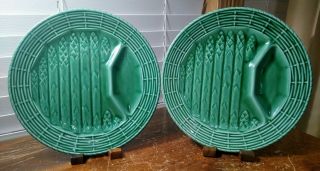 Set Of Two Vintage French Majolica Sarreguemines 9 1/2 " Green Asparagus Plates