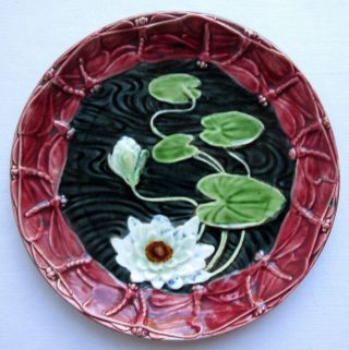 Majolica Plate: Garnet Dragonflies And Water Lily Flower