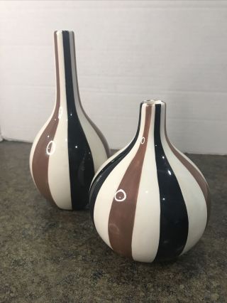 Jonathan Adler Happy Home Retro Modernist Art Brown Striped Vase Pottery Pair