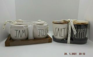 Rae Dunn 2 Pc B/w Salt & Pepper - Wood Top,  Jam & Jelly Set With Serving Spoons