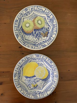 Set Of 2 Gien Oiseau Bleu Kiwi Lemons Fruit Plate 8 1/2 " France