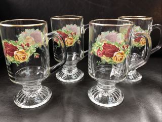Royal Albert Old Country Roses Clear Glass Irish Coffee Mugs 12 Oz Set Of 4