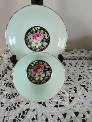Paragon Teacup And Saucer - Green With Black Floral - Roses