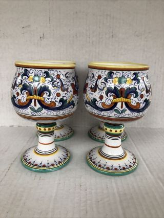 Set Of 4 Cama Deruta Wine Water Goblets Hand Painted Pottery Italy