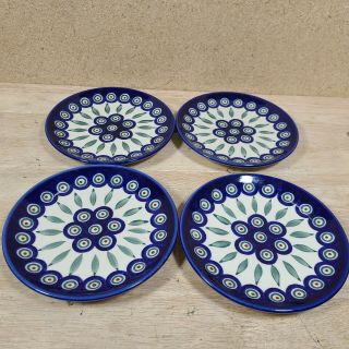 Set Of 4 Boleslawiec Traditional Polish Pottery Blue White Green Plates 6 "