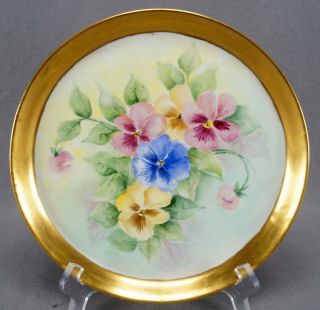 Limoges Hand Painted Purple Pink Yellow Periwinkles & Gold Round Tray