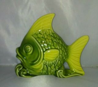 Vintage Retro Pottery Tropical Fish Planter Vase Wall Pocket Green Yellow 7.  5 "