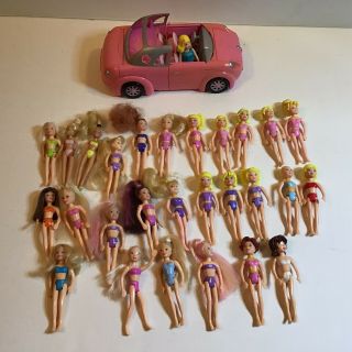 2002 Polly Pocket Pink Car Limo Tv & Pool Limousine And Airplane With 28 Dolls.