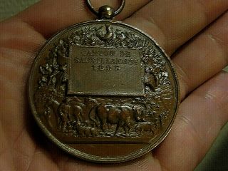 1895 French Cattle Breeding Award Medal: Pig Horse Cow Bull Sheep Farmer Plow