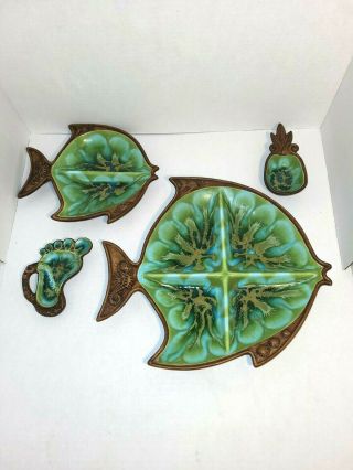 Treasure Craft Hawaii Green Fish,  Pineapple,  Barefoot,  4 Pc.  Vintage Serving Set