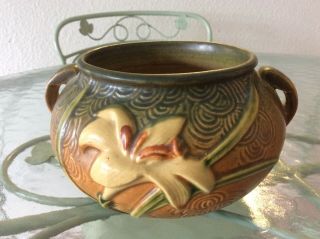 Vtg Roseville Pottery Green Zephyr Lily Two Handle Vase 671 - 4 " Raised Mark