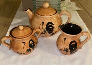 Vintage Pennsbury Pottery Rooster Teapot Sugar Creamer Amish Folk Design 1950 - 70