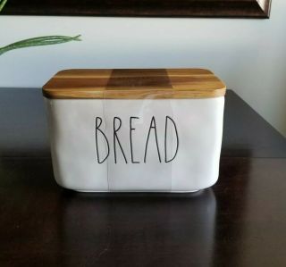 Rae Dunn White Ceramic Bread Box With Wood Lid