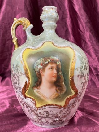 Es Germany Woman With Holly Wreath Portrait Ewer/jug Hand Painted Rs Prussia