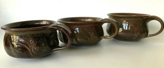 Set Of 3 Vintage Studio Pottery Soup Bowls With Handle Signed