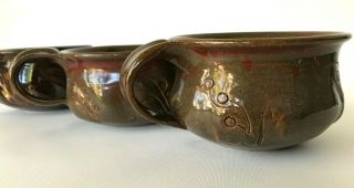 Set of 3 Vintage Studio Pottery Soup Bowls with Handle Signed 2