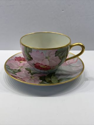 Antique B&c Limoges France Cup And Saucer Gold Trim Orchid Flowers Hand Painted