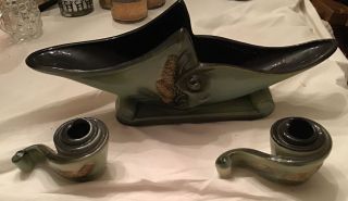 Hull Ceramic Console Bowl With Candle Holders 3 Pc.  Set Parchment & Pine Cones
