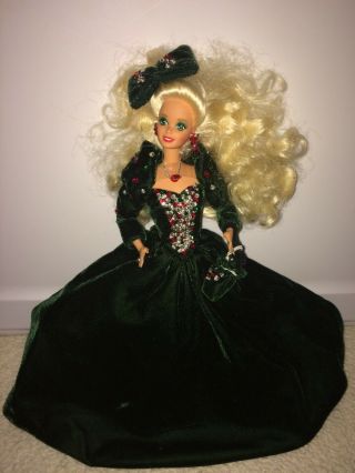 Vintage 1991 Happy Holidays Barbie Doll Christmas Green Dress & Bow
