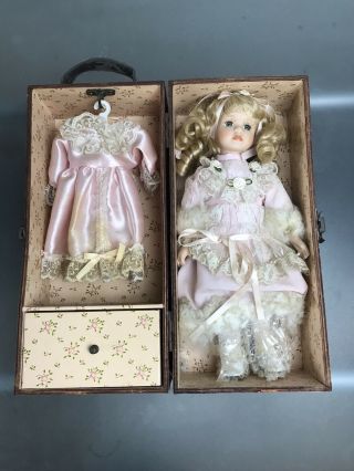 Vintage Porcelain Dress Up Doll In Wooden Wardrobe Box Cb 2 Outfits Rare