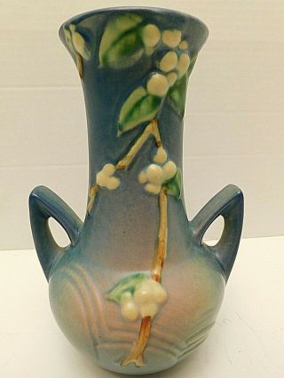 Roseville Iv2 - 7 Snowberry Vase Vintage American Art Pottery Medium Blue