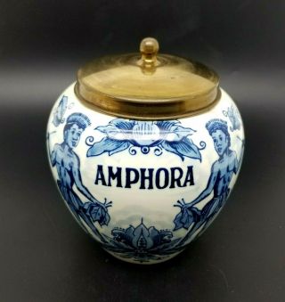 Vintage Delft Blue Amphora Tobacco Jar Humidor W/lid Hand Painted 7 - 1/2 "