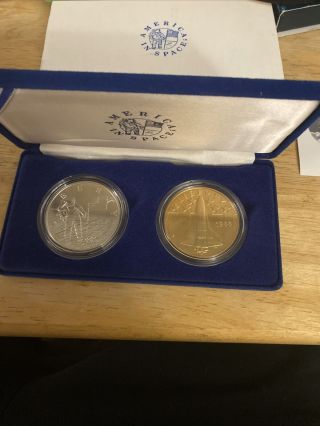 1988 America In Space - Two Piece Silver & Bronze Medal W/ Box &