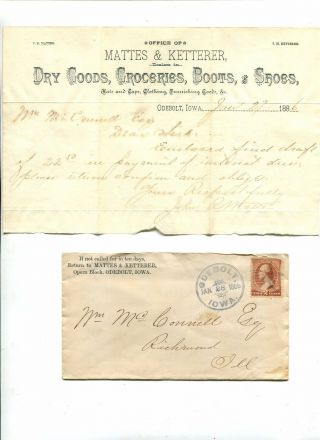 Cover & Letterhead Mattes Ketterer Dry Goods 1886 Odebolt Ia Star Fancy Cancel