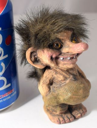 Vintage Nyform Norway 4 " Troll Doll Figure,  Hair And Tail,  Glass? Eyes,  Neat