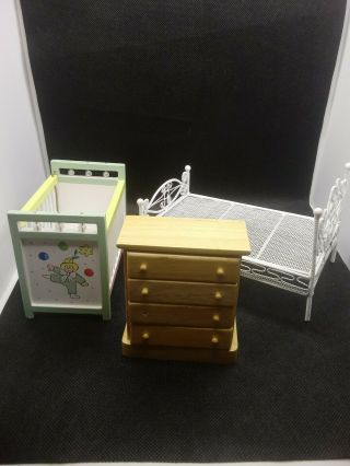 Vintage Miniture Dollhouse Furniture Baby Crib Metal Bed Chest Of Drawers