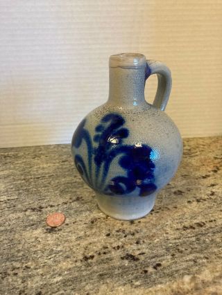 Vintage Stoneware Jug Salt Glaze Cobalt Blue Crock Vase Farm House Kitchen