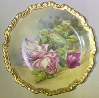Antique Limoges Hand Painted Rose Plate With Luster Gold Trim