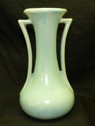 Vintage 1940s Mccoy Art Pottery Matte Aqua Pastel Blue Green 9 " Handled Vase