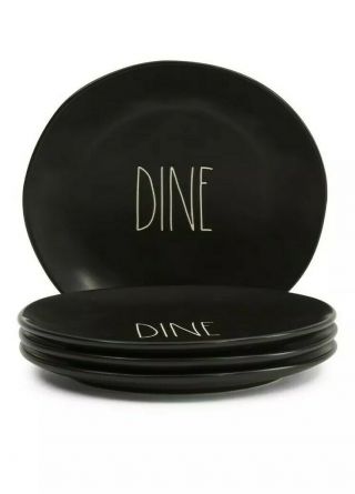 Rae Dunn Set Of 4 Dine Black Matte White Letters Ceramic Dinner Plates 11 "