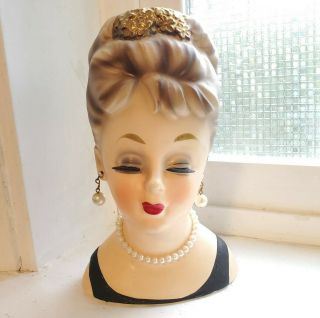 Inarco Lady Head Vase E1062 Black Dress Tiara Crown 1963 Ceramic Lashes Pearls