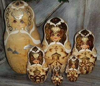 Vintage Set Of Six Russian Wooden Nesting Dolls Handcrafted Matryoshka Dolls