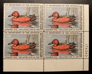 1986 Us Federal Duck Stamps Scott Rw52 $7.  50 Mnh Og Plate Block Of 4