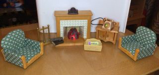 Sylvanian Families Living Room Furniture Bundle Fireplace (with Light),  Chairs