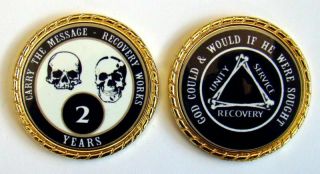 Alcoholics Anonymous 2 Yr.  Skulls And Bones Rope Edge Sobriety Coin Chip 1 3/4 "