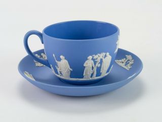 Wedgwood Blue Jasperware Tea Cup & Saucer Set,  Vintage 1954 Mythological Scenes