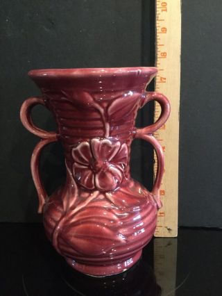 Vintage Shawnee Pottery Burgundy Double Handle Vase Flower Design