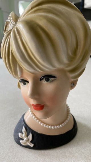 Vintage Lady Head Vase With Pearl Necklace And Black Dress.  7 1/2 Inches