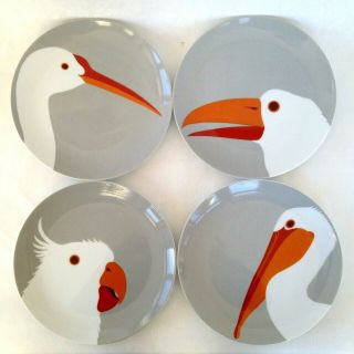 Set Of 4 Vintage Fitz And Floyd Birds Of A Feather Gray Plates Tropical 1977