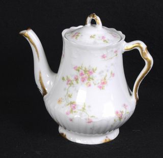 Antique Haviland Limoges Porcelain Coronet Pink Flowers & Gold: Coffee / Tea Pot