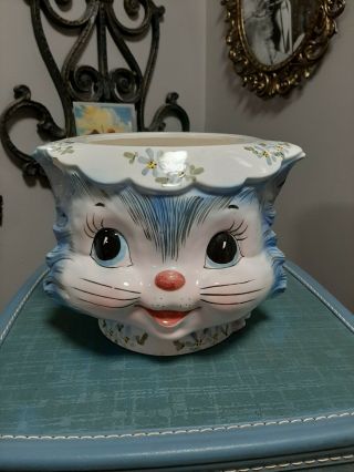Vintage Lefton Miss Priss Kitty Cookie Jar No Lid Blue Cat Kitten Japan 1502