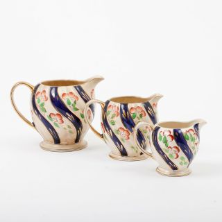 Set Of 3 Antique Sadler England Porcelain Gaudy Welsh Graduated Pitcher Jugs