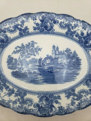 Antique Colonial Pottery Stoke England Winkle Co Togo Blue Oval Serving Platter 2