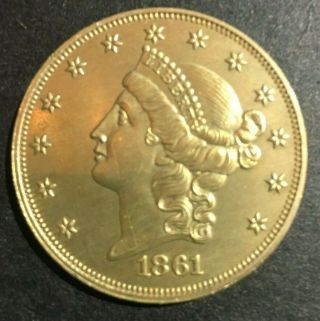 1861 Csa Liberty Head 20 Dollar Fantasy Round,  Shield Back,  Gold - Plated Brass